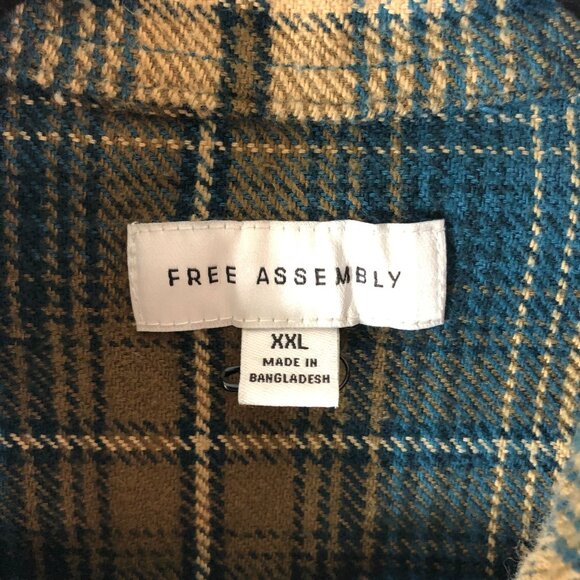 Free Assembly Mens Flannel Shirt Button Down Chest Pockets Plaid Blue Beige XXL - Picture 3 of 4
